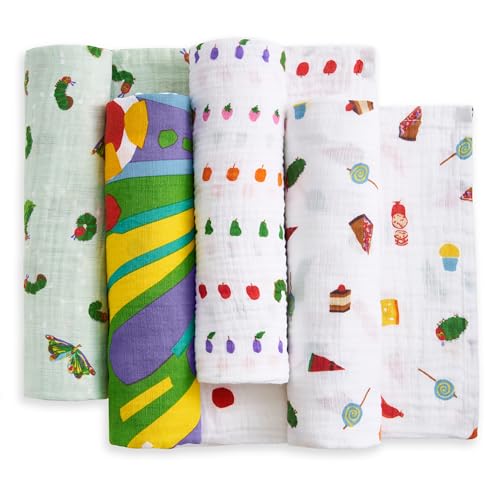 Image of aden + anais Essentials Cotton Muslin Swaddle, Breathable Baby Blanket, Ideal for Newborns, Babies & Infants, Receiving Blanket, Soft and Lightweight Wrap, 4 Pack, Very Hungry Caterpillar