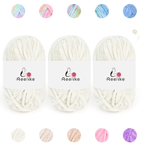 Image of Aeelike 3 Pack Chenille Yarn,Soft Polyester,Each 100g /10.5oz 197yds,White | 4 Medium Velvet Yarn,Easy for Beginners Crocheting Animal,with How to See Stitchs Tutorial Video,Ideal Crochet Craft Gift