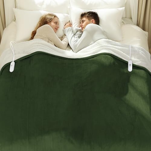 Heated Blanket Queen 84" x 90" - Flannel Sherpa Electric Blanket Queen Size with Dual Control, 5 Heating Levels & 10 Hours Auto Off, Heating Blanket with Overheat Protection for Home (Green)
