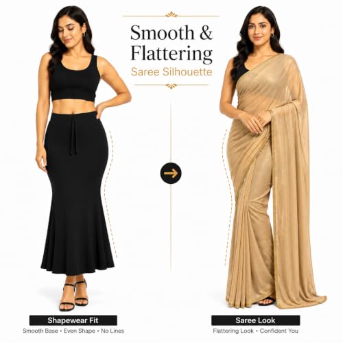 Image of Mogsa Women's Lycra Fishcut Saree Shapewear Petticoat - Tummy Control Slim Fit Stretchable Shaper Skirt with Drawstring & Side Slit for Sarees
