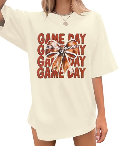 QLIPIN Game Day Shirts Women Oversized Football Bow Shirt Football Mom Tshirt Gameday Coquette Bow Short Sleeve Tee Tops