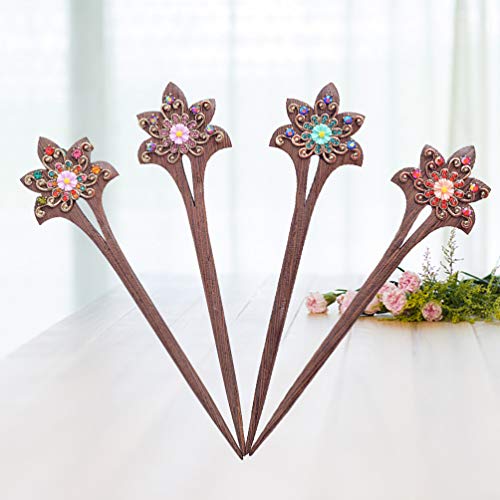 image for Minkissy 4Pcs Chinese Hair Sticks Vintage Wood Hair Chopsticks Rhinest