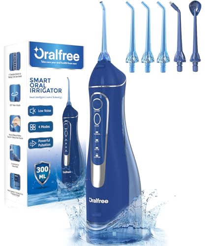 Oralfree Water Dental Flosser Cordless for Teeth Cleaning - 4 Modes Oral Irrigator 300ML Braces Flossers Cleaner, Rechargeable Portable IPX7 Waterproof Powerful Battery for Travel Home