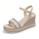 CSRZPMG Platform Wedge Sandals for Women 2026 Summer Casual Comfortable Beach Dressy Rome Open Toe Rhinestone Sandal Ankle Strap Buckle Boho Embroidered Sandals