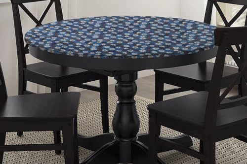 Image of The Furnishing Tree Round Elastic Fitted Dining Table Cover WxL 54x54 Inches Floral Pattern Blueish Grey