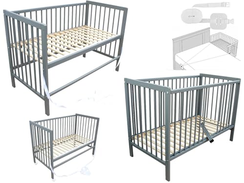 Micoland Kinderbett - Beistellbett - Babybett 120x60 cm umbaubares Bett mit Gurt und Rädern (Grau)