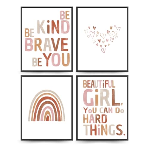 Image of PLKMK Girl Nursery Decor Set of 4, Positive Affirmations Wall Decor, Boho Rainbow Heart Decor for Toddler Girl Little Girl Baby Girl, You Can Do Hard Things, 8x10 (Unframed)