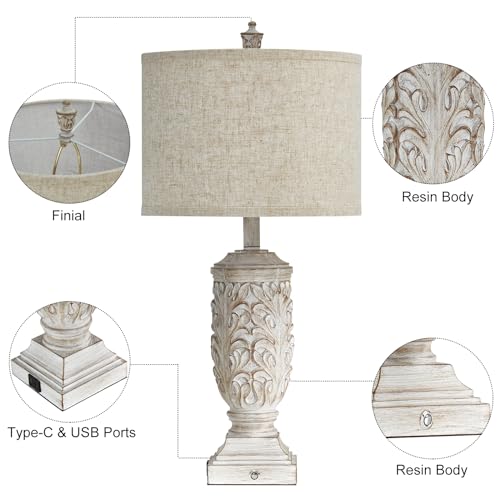 Fullarge Farmhouse 3-Way Dimmable Touch Table Lamps Set Of 2 For Living Room With Usb Charging Ports A/C, 27.5 Inch Tall Rustic Bedside Nightstand Lamps For Bedroom White Resin Retro Side Table Lamp With 2 Bulbs thumb #6