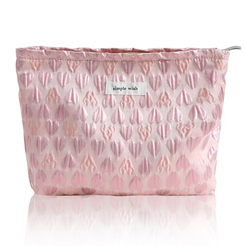 Wudygirl Makeup Bag Travel Cosmetic Bag Large Capacity Makeup Pouch for Women Canvas Make up Organizer Pencil Pouch Aesthetic Zipper Handbag (Pink Heart)