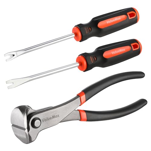 ValueMax 3 Pièces Arrache Agrafeuse Tapissier, Pince Coupante D'extrémité de 185 mm, Arrache-clous en V Droit et Incurvé de 200 mm, Outil D'extraction de Pointes pour Bois Pneus Meubles