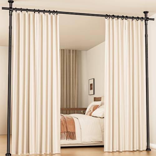 Image of Room Divider No Drilling Curtain Rod Wall Divider for Room Separation, 4-10ft(H) 28-70inch(W) Adjustable,Heavy Duty Floor to Ceiling Portable Hanging Wall Divider for Space Partitions,Black