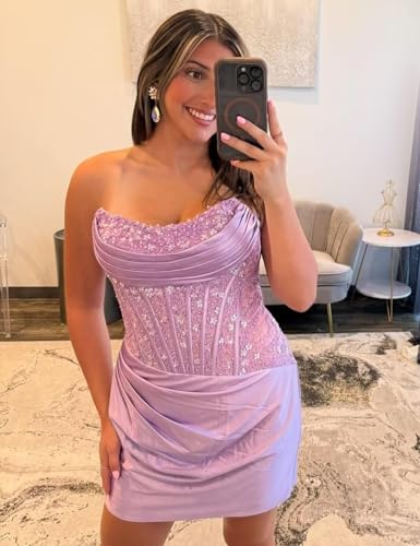 Lace Satin Homecoming Dresses 2025 Strapless Short Prom Dress for Teens Sequin Tight Cocktail Party Gown4