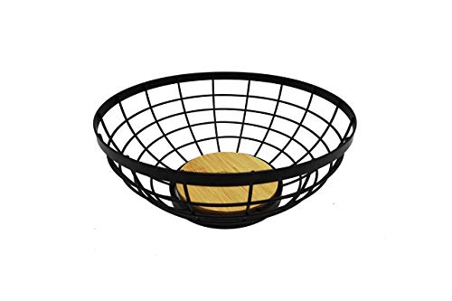 Large Wooden Fruit Bowl For Kitchen Countertop & Dining Room, Decorative Wooden Wire Basket For Living Room- Shinyik Japanese Zakka Style With Bamboo Wood And Rust Resistance Black Iron #TOP7