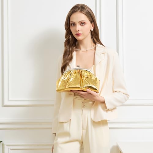 Image of BRYCTSISEN Pleated Evening Vegan Leather Clutch Handbag Purse Metallic PU Cloud Shoulder Bag for Women Evening Purse Handbag