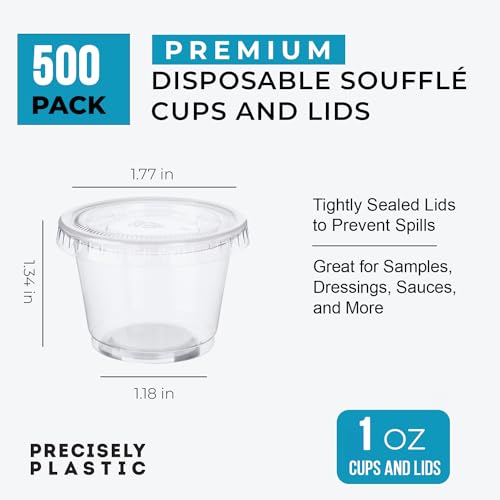 Image of [500 sets - 1oz] Disposable Plastic Souffle /Portion Cups with Lids Bulk Perfect for Shot Glasses, Condiments, Toppings, Dressings, Sampling