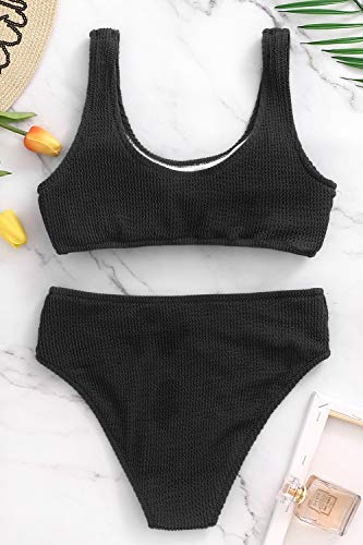 Womens Swimsuits Two Piece Sports Bathing Suits Crop Tops Ribbed Bikini Sets Swimwear Bottoms Black #TOP6