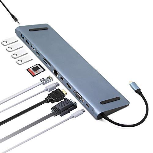 Image of Tobo USB C Hub 12-in-1 Docking Station with DisplayPort 4K, HDMI 4K, VGA, 3 Port USB 3, USB-C PD 100W, Audio 3.5mm, SD /TF Card Reader, Ethernet, For MacBook Pro, Air, iMac, Mac Mini, iPad all Thunderbolt 3(USB-C-12 IN 1) - TD-152TC