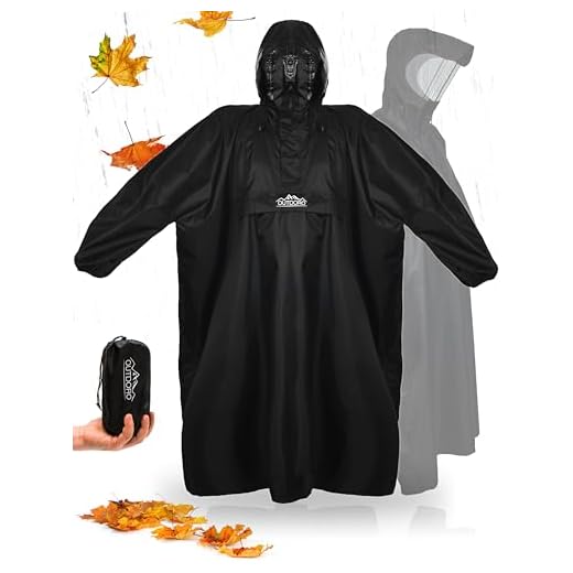 Outdoro Regenponcho mit Ärmeln und Druckknöpfen - Mit Navigations-Fenster in der Brusttasche, Reißverschluss und Sichtfenster - Poncho für Damen & Herren, Erwachsene (schwarz, S-M)