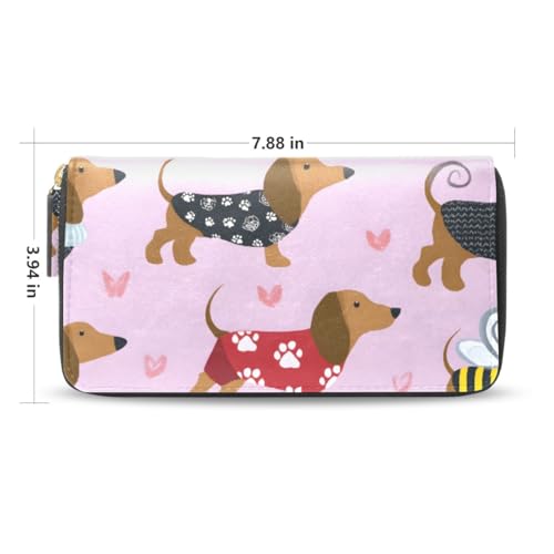 Long Wallets Leather Bifold Wallet for Women Dachshund Dog Pink with Zipper Credit Card Holder Large Capacity2