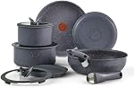 T-FAL, Ingenio Essentials, Nonstick Cookware Set, 11 Piece Pots and Pans Set, Detachable/Removable Handle, Gray, Dishwasher Safe, Oven Safe, RV Camping Stackable Pots and Pans Picnic Hiking