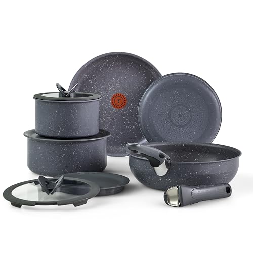Comparison: Best Tefal Pans Set Detachable Handles 2 T-fal Ingenio Essentials Cookware Set with Detachable/Removable Handle 11 Piece, Granite Titanium Non Stick, Oven Broiler Safe 500F, Stackable, Pots and Pans Set, Frying Pans, Dishwasher Safe, Gray