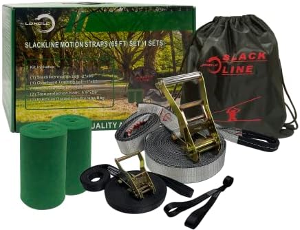 LONGLC Slackline kit 73 Feet Complete with Tree Protectors,Training Line,Arm Trainer,Carry Bag and Instruction Booklet- Children's Adult Backyard Outdoor Leisure Fun