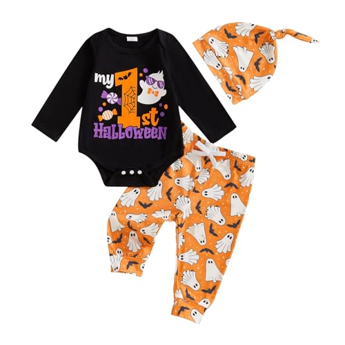 My 1st Halloween Baby Boy Outfit Letter Print Long Sleeve Romper Pumpkin Ghost Spider Long Pants Hat 3Pcs Set