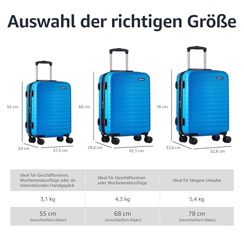 Amazon Basics Erweiterbarer Hartschalenkoffer – ABS-Reisegepäck mit 4 Spinner-Doppelrollen – Kratzfeste und leichte Konstruktion – 52,6cm x 32,0cm x 78,0cm – Hellblau
