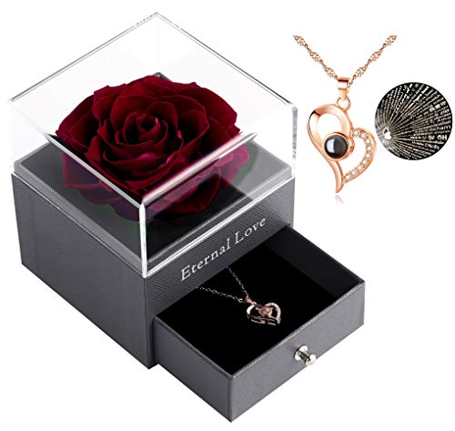Preserved Real Rose with Heart Love You Necklace in 100 Languages Gift Set, Enchanted Real Rose Flower for Valentine s Day Anniversary Wedding Bthday Romantic Gifts for her (Wine Red)