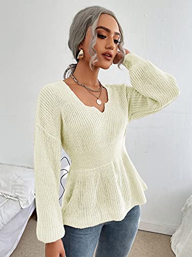 Shein Women's Casual Notched Neck Long Sleeve Pleated Pullover Sweater Beige M #TOP3