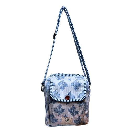 Cotton Quilted Handblock Printed Lightweight Crossbody Purse Adjustabe Shoulder Strap