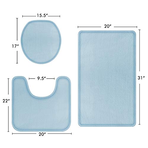 Feelso Memory Foam Bath Mat Set, 3 Piece Bathroom Rugs Non Slip And Absorbent Mats, 20X31 Inches Floor Mat, 20X22 Inches U-Shaped Contour Rug And Toilet Lid Cover For Bath Room, Light Blue #TOP5