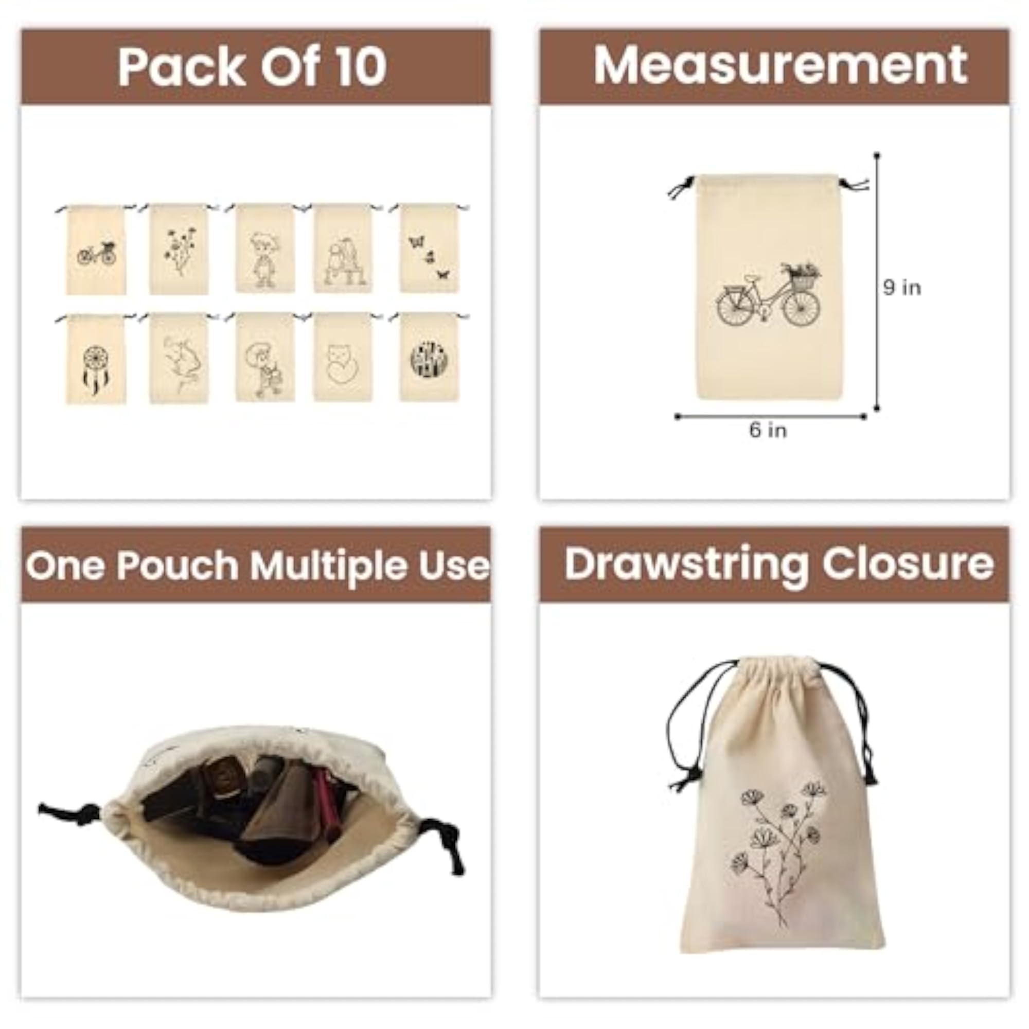 Pack of 10 Printed Travel Drawstring Pouches, Makeup Accessories