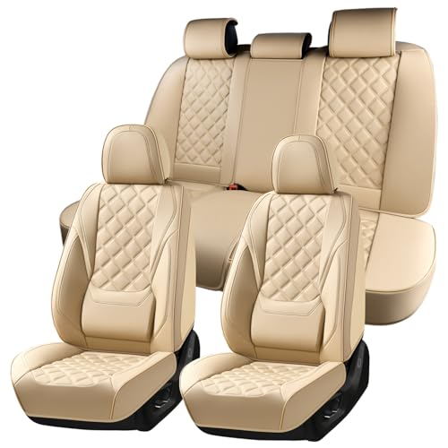 Image of Car Seat Covers Full Set, Luxury Leather Seat Cover for Cars 5 Seats, Front Seats and Back Car Seat Protector Waterproof Seat Cushions, Universal Automotive Seat Covers for Most Cars SUV Trucks, Beige