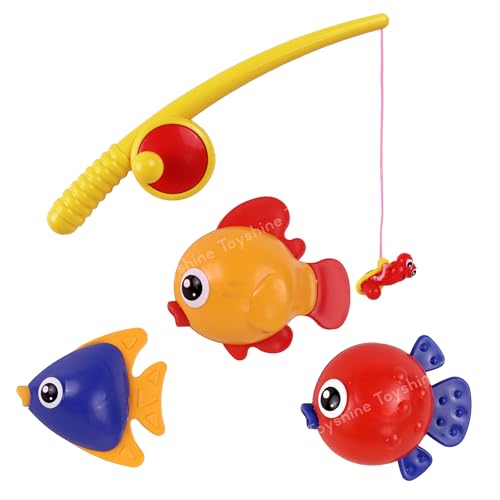 Image of Toyshine Magnetic Fishing Game Set Includes 3 Colorful Magnet Tipped Floating Fishes & Fishing rods with Magnetic Worms as Bait Fun Entertaining Bath Tub Toys for Kids Boys Girls 3 +