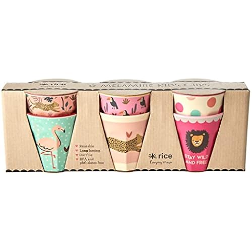 Rice Pink Animal pattern Melamine Cups in Assorted colors | 6 pieces | 6.70 ounces - Lightweight, Stackable and Colorful Cups for Parties, Picnics, Home Use and Any Special Occasion