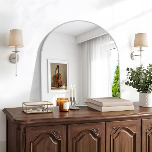Image of BONEWEI Arched Wall Mirror,30x30 inch Silver Arched Mirror Bathroom,Large Vanity Mirror for Over Sink Metal Frame,Tempered Glass Arch Mirrors for Bedroom,Entryway,Living Room,Home Decor Shatter-Proof