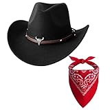 Jastore Kids Western Hats Boys Girls Cowboy Leather Buckle Felt Cowgirl Hat with Cowboy Red Bandanas (US, Age...