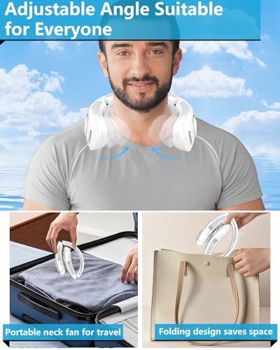 Image of Portable Neck Fans with Mist, Rechargeable 4-9H Lasting Neck Cooling that Blow Cold Air, 5 Speeds & LED display, USB-C Bladeless Folding Personal Mister for Kid Adult Indoor Outdoors Sports, White