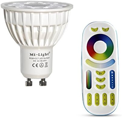 LIGHTEU®, 1x 4W GU10 RGB+CCT LED Spotlight Color Changing and CCT WW CW Temperature Adjustable, Original Mi-Light, Bulb with a 4-Zone Remote (FUT103+FUT092)
