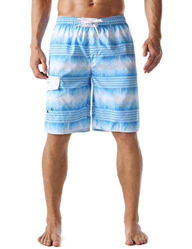unitop Men's Swim Trunks Hawaiian Tropical Striped Sports Shorts with Mesh Lining Blue-79 36