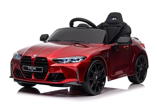 FINOOS Coche eléctrico para niños BMW M4 12V Coche Eléctrico Infantil con Mando a Distancia 2.4Ghz, Asiento de Piel y Ruedas de Goma, 1-4 Años (Rojo)