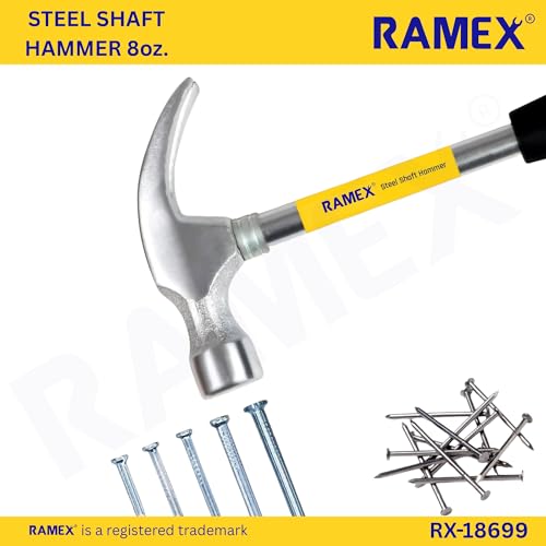 Image of RAMEX Steel Shaft Hammer 8 Oz - Forged Steel Head for Superior Strength & Durability - Carpenter Tools for Wood Work, Home and Professional, 2 in 1 Combination Claw & Flat Head, 400gm (Pack of 1), DIY
