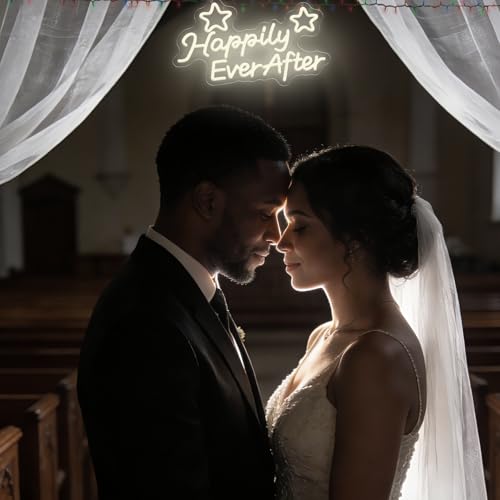 Happily Ever After Wedding Signs, USB Powered Wedding Neon Sign with Dimmer and Sticky Hook, Hanging LED Light Sign Decorations, Home Decor for Bedroom Party Wall 15.75 * 9.45 inch — view 2