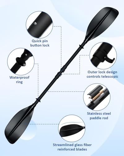 Quynhni Adjustable Kayak Paddle 62–87 Inches Paddle for Kayak Stainless Steel Shaft Fiberglass Blades Non-Slip Matte Grip Kayak Oar for Youth & Adults with Carry Bag
