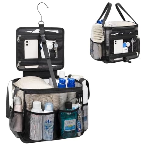 CUBETASTIC Mesh Shower Caddy Portable, Quick Dry Hanging Toiletry Bag for College Dorm Essentials with 4 Pockets/Divider/Plastic Bottom, Travel Tote Bag for Camping, Bathroom, Beach, Swimming, Gym Cover