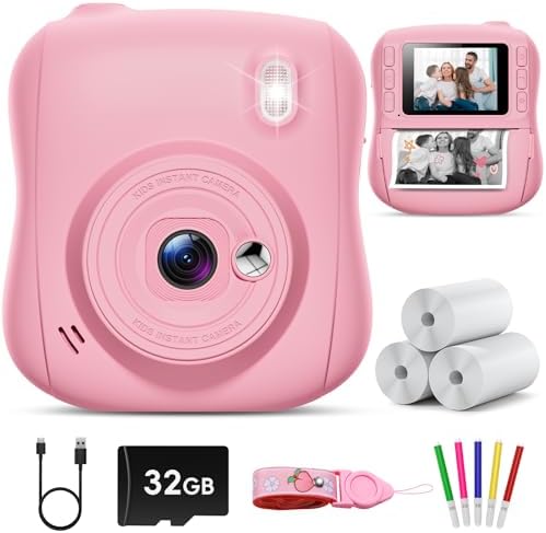 Hangrui Kinderkamera Sofortbildkamera, 14MP Sofortbildkamera Kinder mit 32G Karte & Druckpapier, 1080P Kamera Kinder Sofortdruck mit Farbige Stifte, Geschenk für 3-12 Jungen und Mä