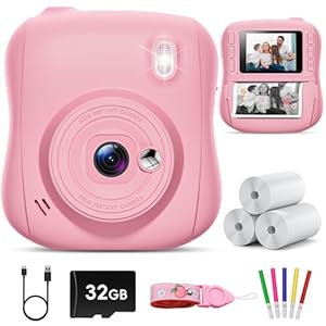 Hangrui Kinderkamera Sofortbildkamera, 14MP Sofortbildkamera Kinder mit 32G Karte & Druckpapier, 1080P Kamera Kinder Sofortdruck mit Farbige Stifte, Geschenk für 3-12 Jungen und Mädchen-Rosa