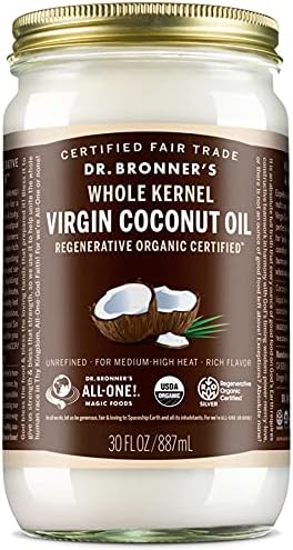 Dr. Bronner's - Organic Virgin Coconut Oil (Whole Kernel, 30 Ounce) - Coconut Oil for Cooking, Baking, Hair and Body, Unrefined and Fresh-Pressed, Rich and Nutty Flavor, Fair Trade, Vegan, Non-GMO