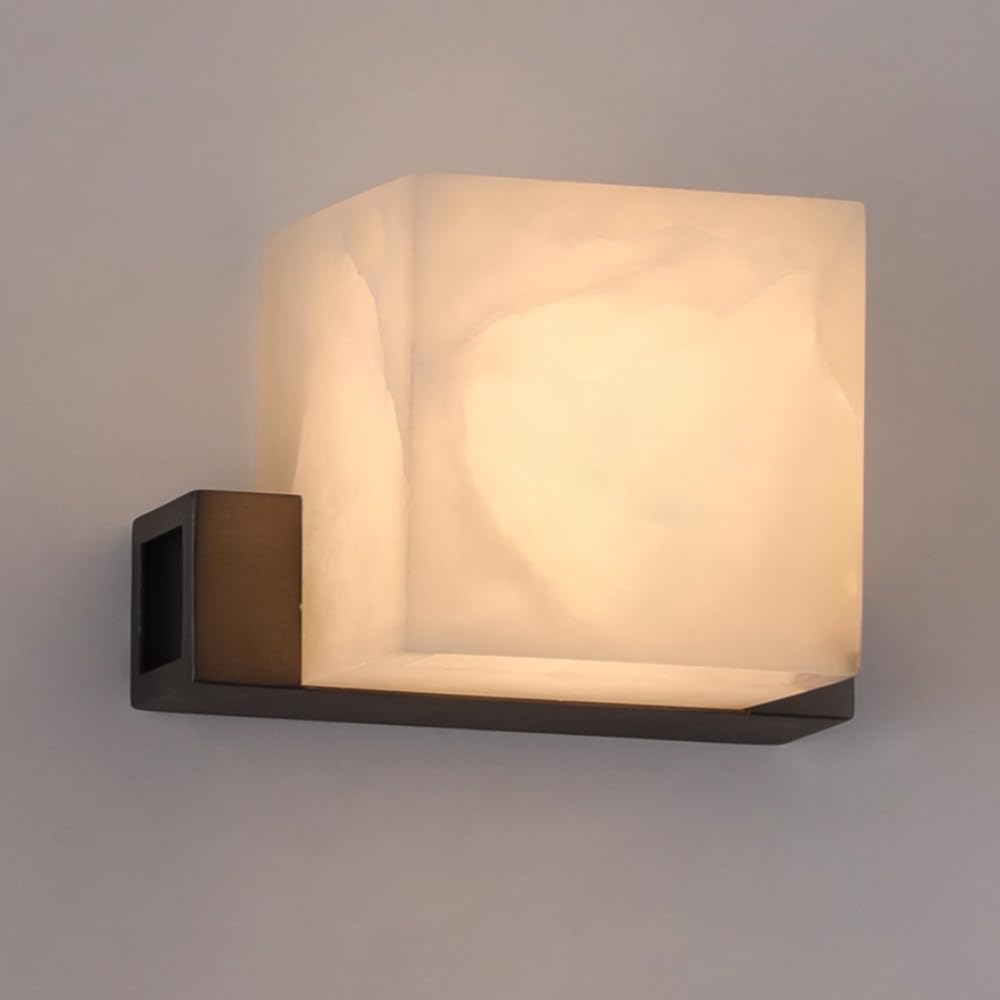 HUAYUSEDF Natural Alabaster Wall Sconce Marble Vanity Light for Living Room Hardwired Square Stone Fixture with 3000K Lighting for Stair Bedroo